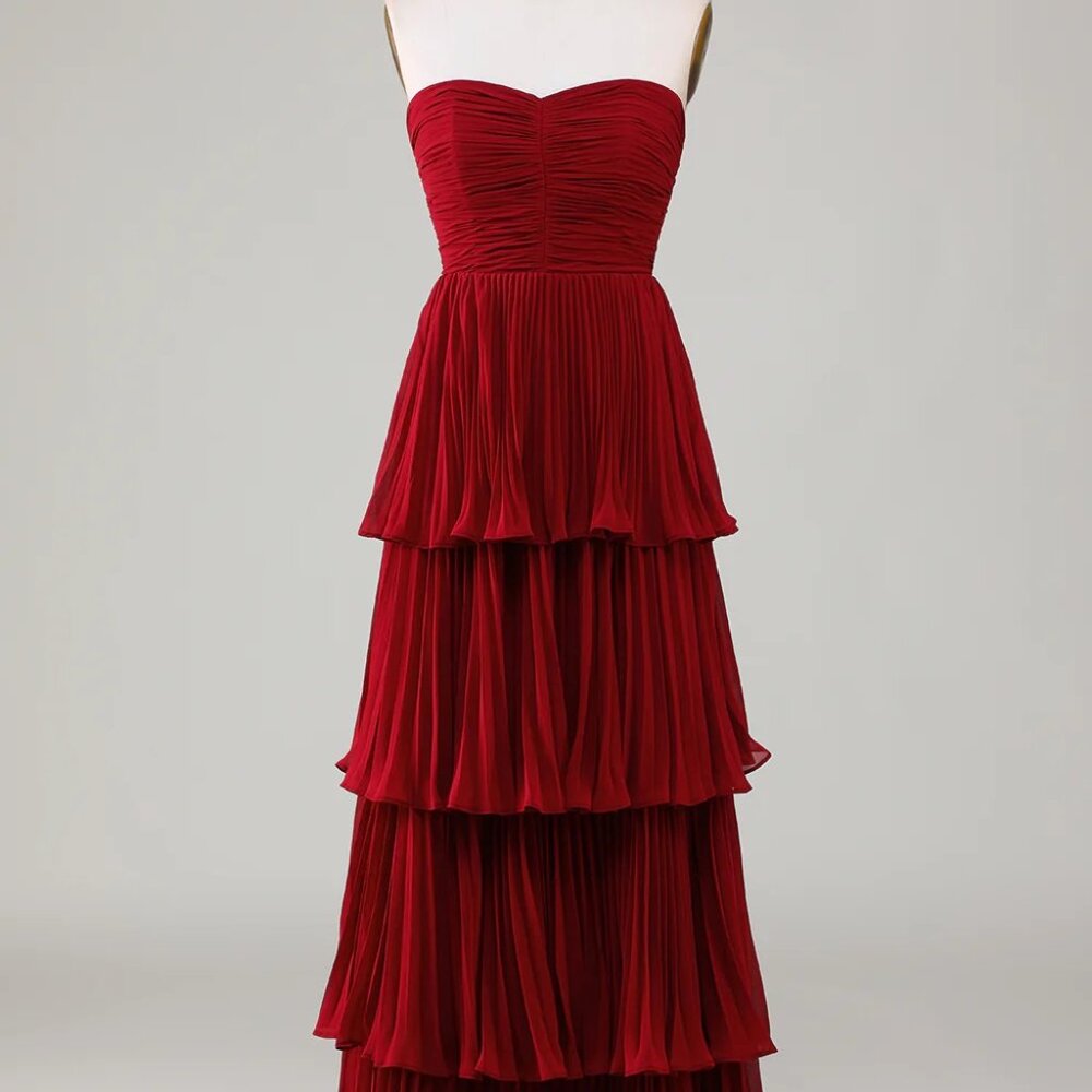 Strapless Tiered Burgundy Long Dress